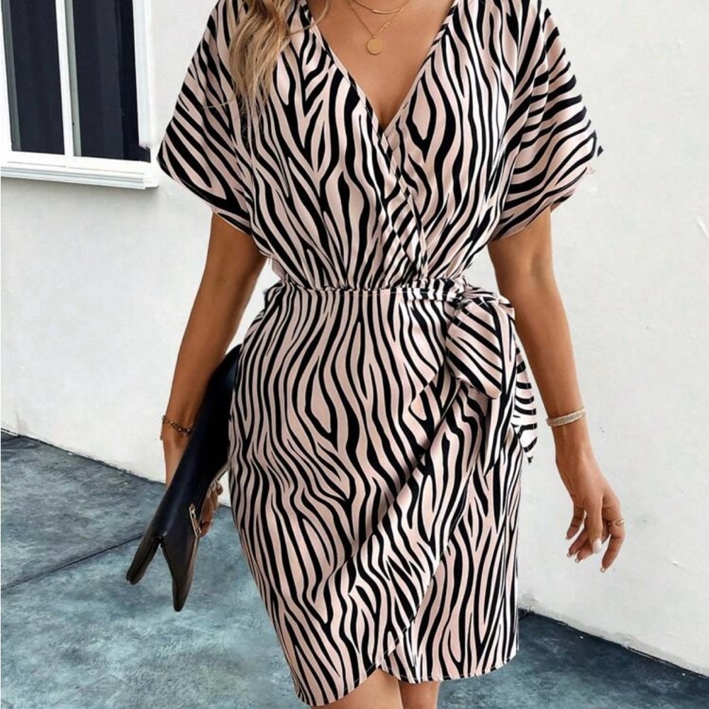 SHEIN zebra print faux wrap Mini Dress with Dolman Sleeves